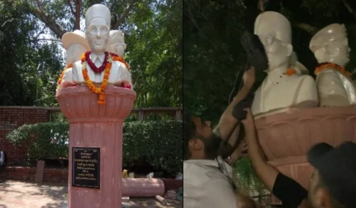 दिल्ली विश्वविद्यालय: NSUI छात्रों ने पोती वीर सावरकर की मूर्ति पर कालिख, पहनाई जूतों की माला